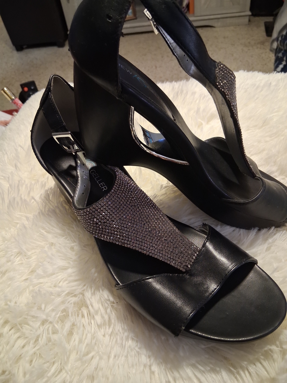 Andrew Geller Women's Black Evening Wedge Sandals with Rhinestone T-Strap Size 8